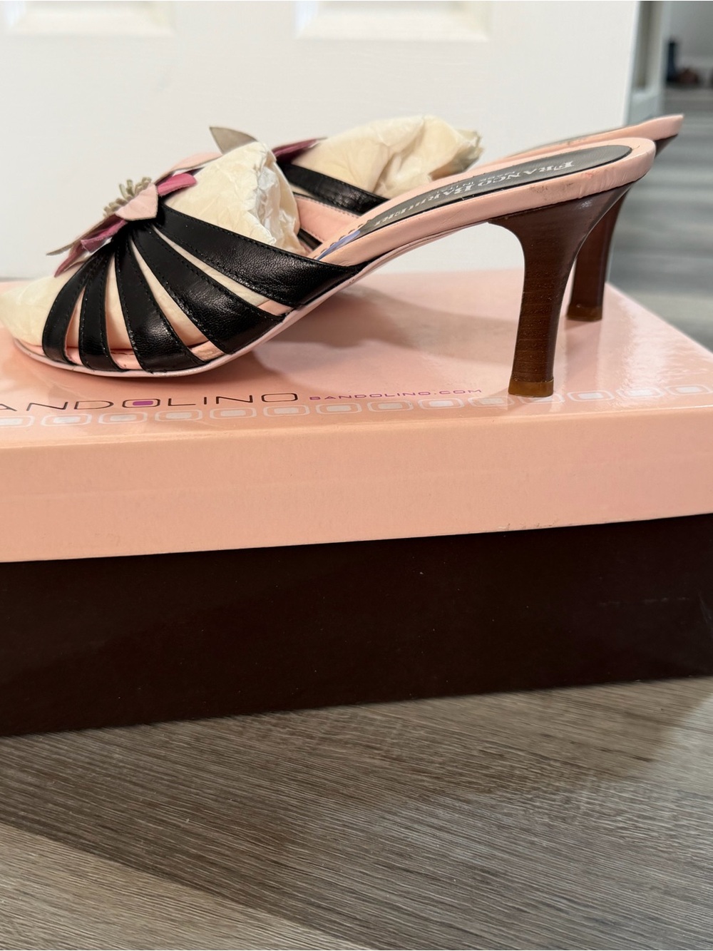 Franco Barbieri Black and Pink Leather Open-Toe Heeled Mule with Flower Accent